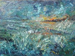 Painting, Mare impetuoso al tramonto olio su canapa, Antonino Puliafico